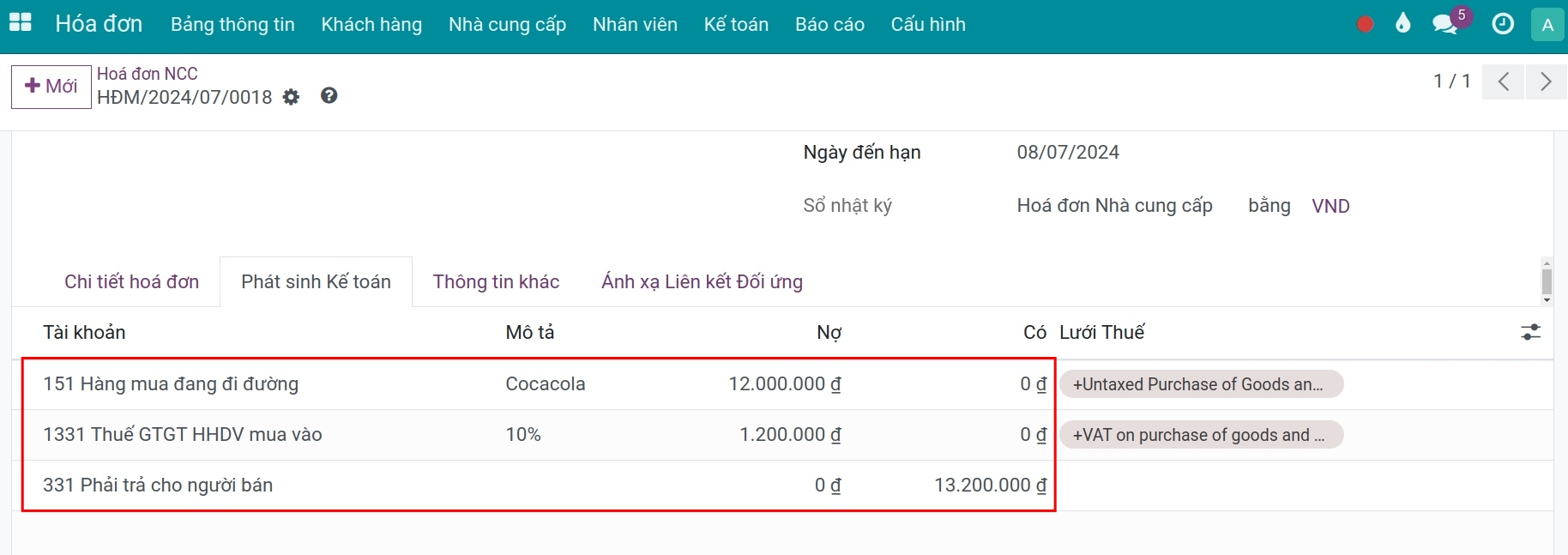 Phát sinh kế toán ghi nhận công nợ