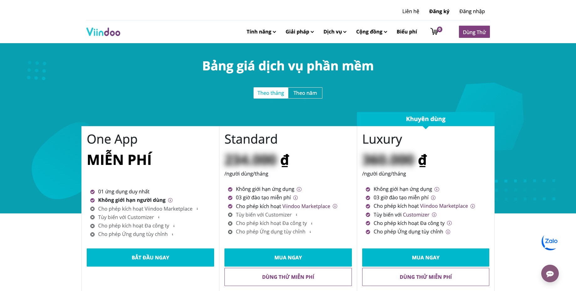 Các gói One App, Standard và Luxury trên trang Bảng giá của viindoo.com