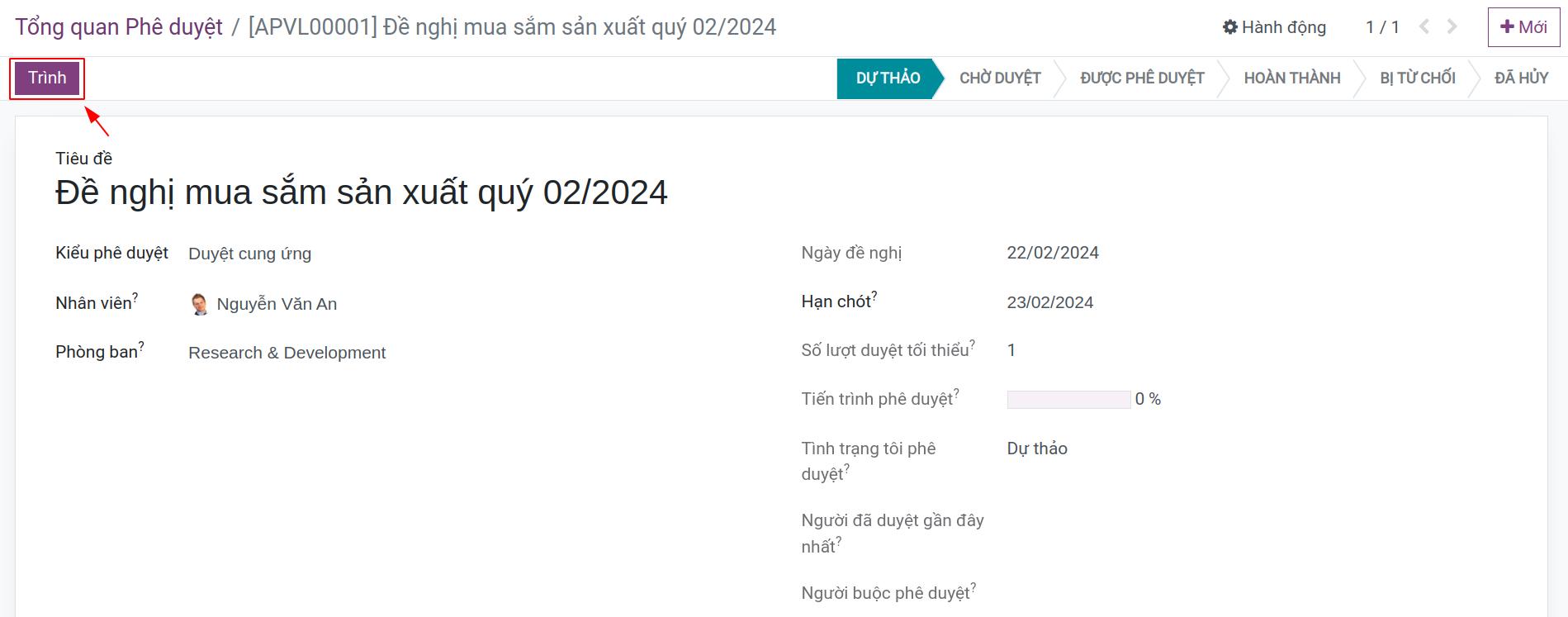 Xác nhận để trình cho quản lý duyệt