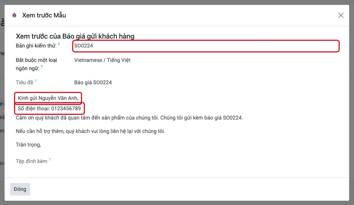 Xem trước mẫu với tên và số điện thoại khách hàng lấy từ một đơn bán thử