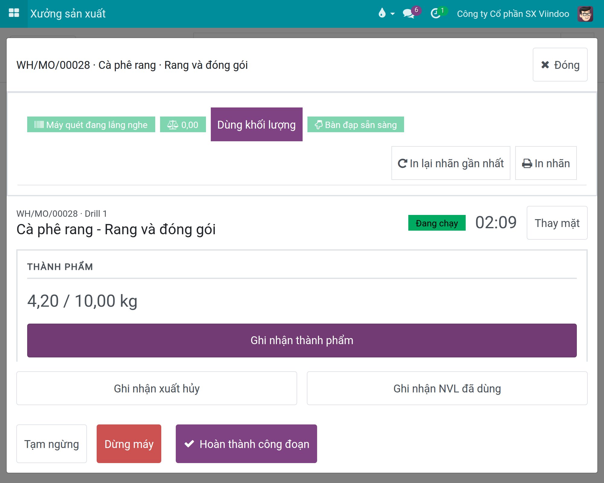 Thanh thiết bị của trưởng ca với nút In lại nhãn gần nhất cạnh In nhãn.