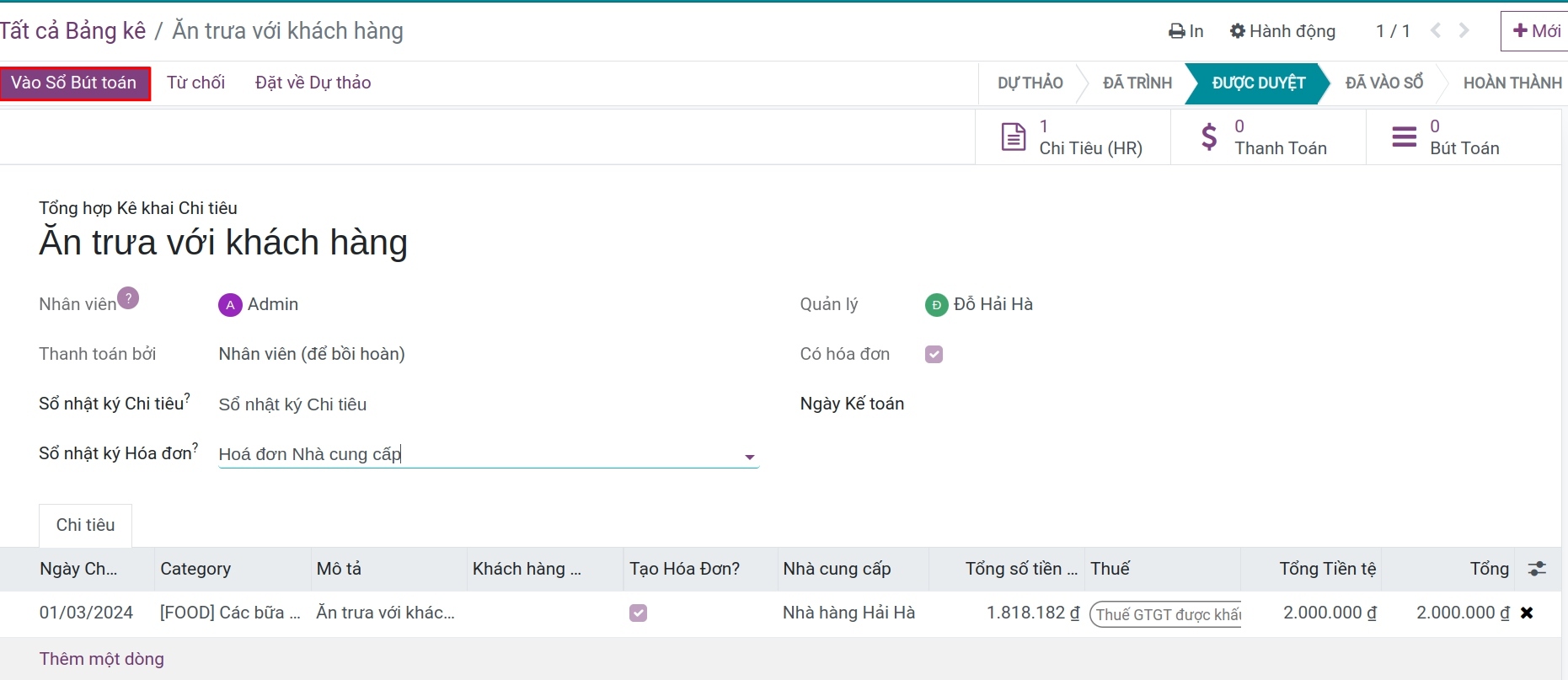 Vào sổ bút toán chi tiêu trên phần mềm Viindoo