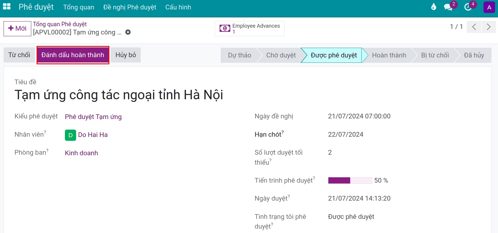 Bấm chấp thuận phiếu đề nghị