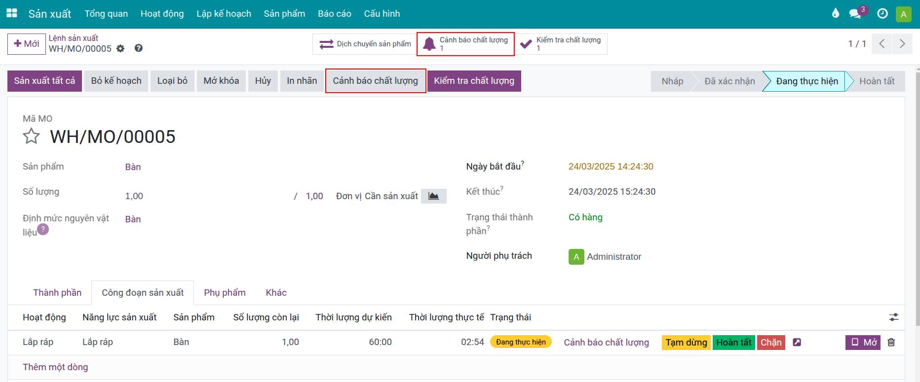 Tạo cảnh báo trên lệnh sản xuất