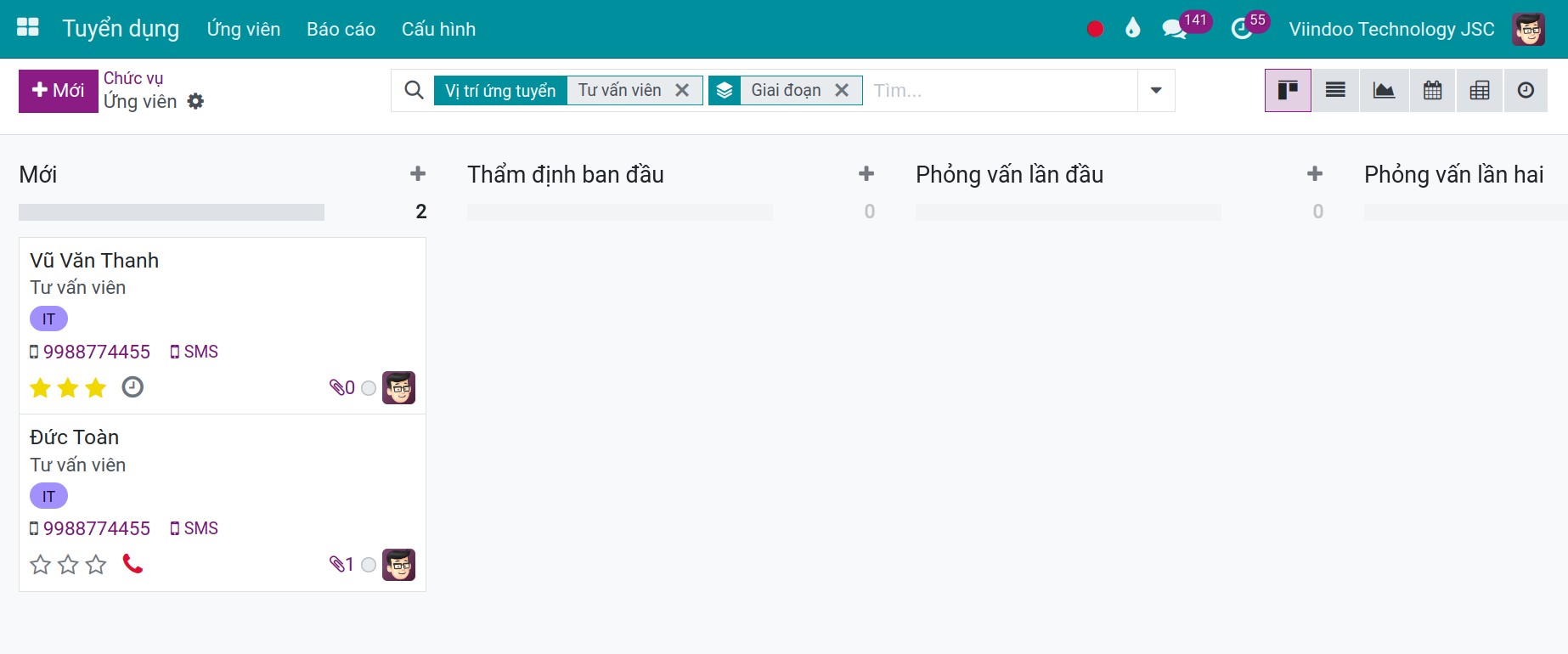 Giao diện ứng viên theo Chức vụ