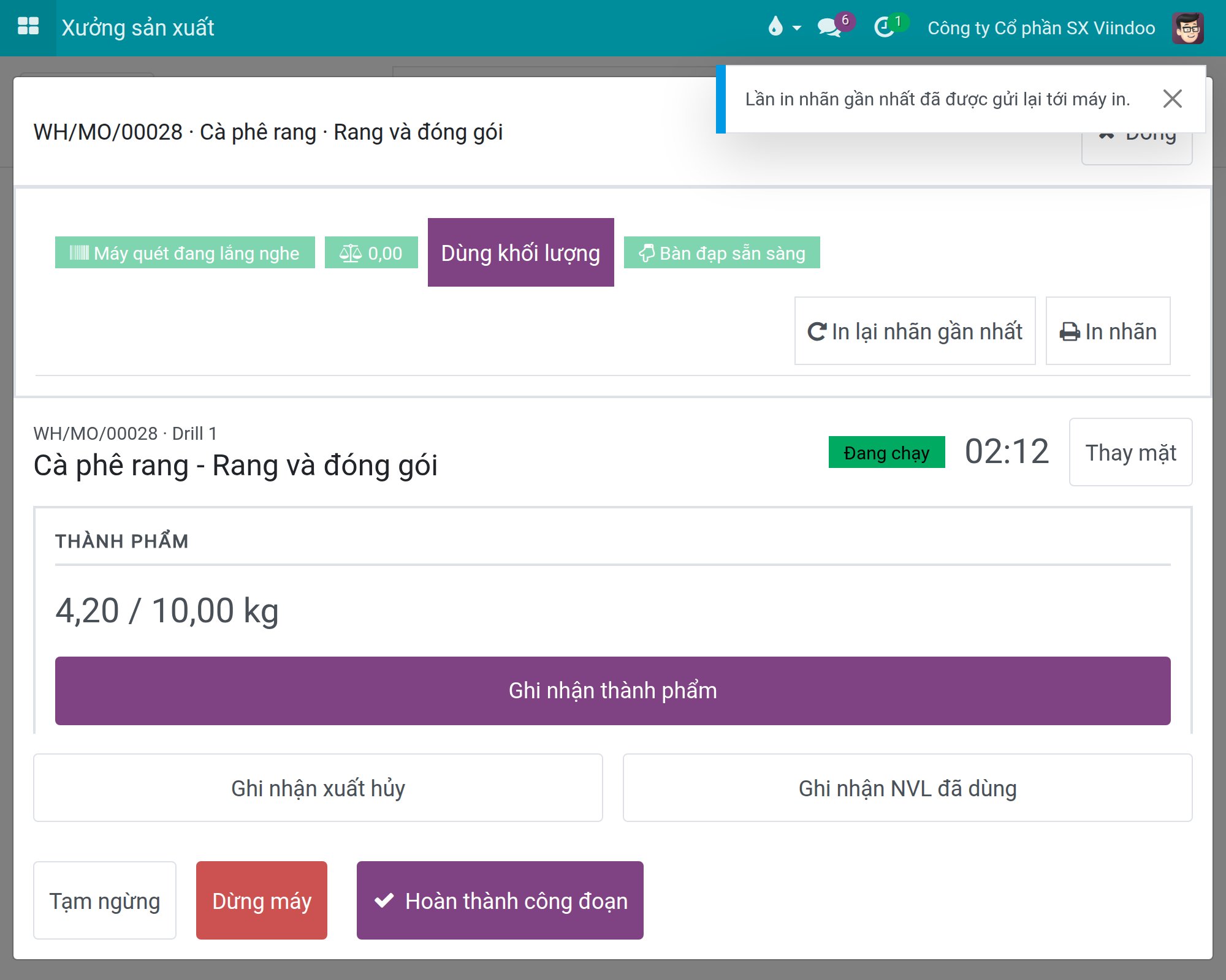 Thông báo Lần in nhãn gần nhất đã được gửi lại tới máy in.