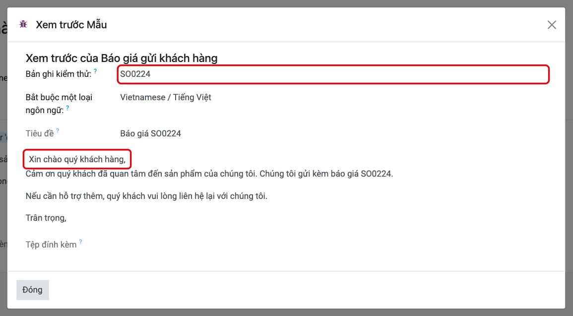 Xem trước mẫu hiện giá trị mặc định