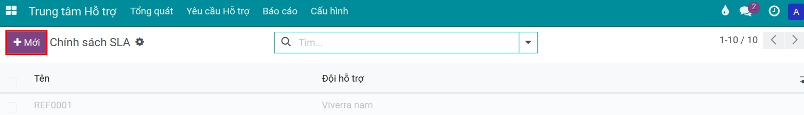 Tạo mới chính sách SLA tại ứng dụng Trung tâm Hỗ trợ Viindoo