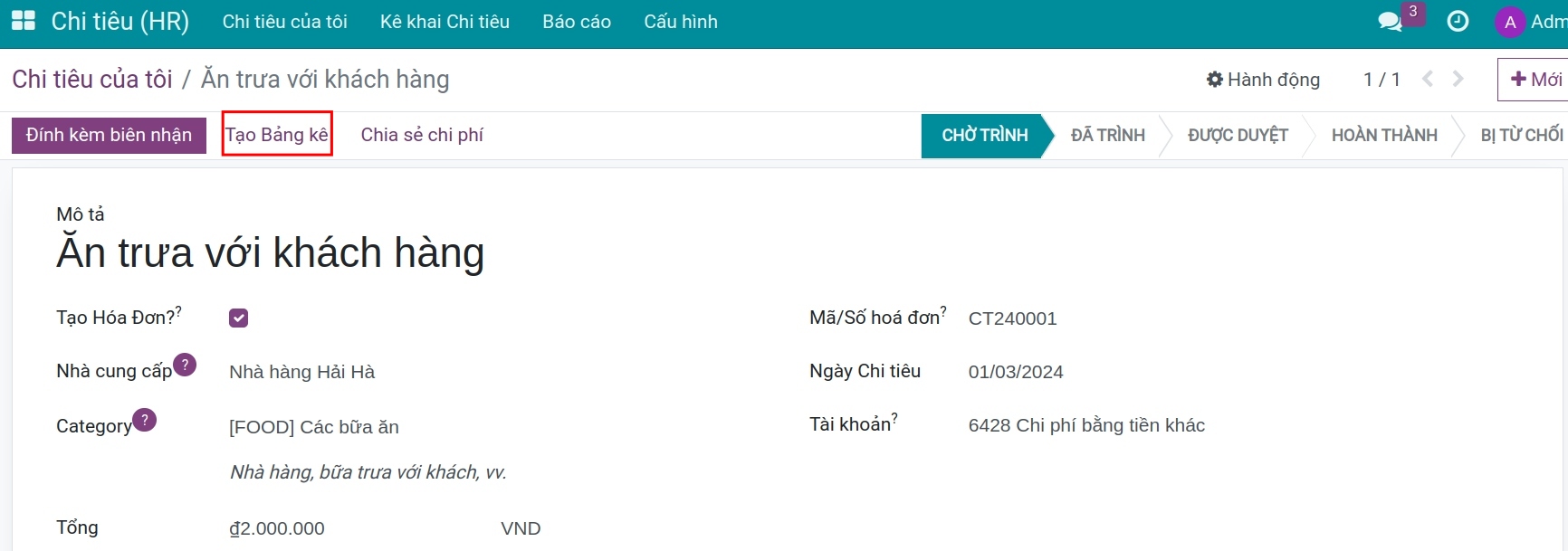 Tạo bảng kê cho chi tiêu