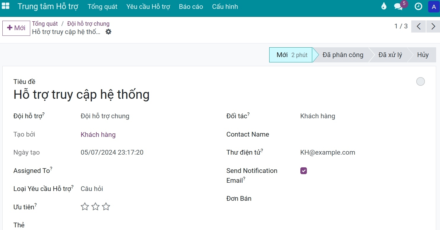 Yêu cầu hỗ trợ được tạo trong hệ thống Viindoo