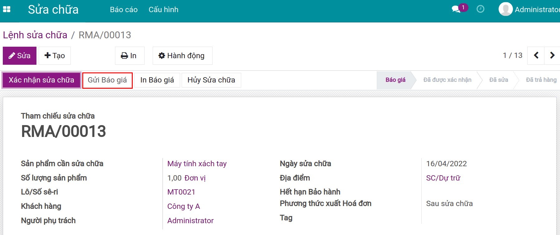 Gửi báo giá cho khách