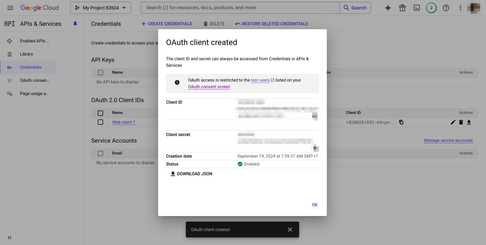 Cửa sổ bật lên hiện Client ID và Client Secret
