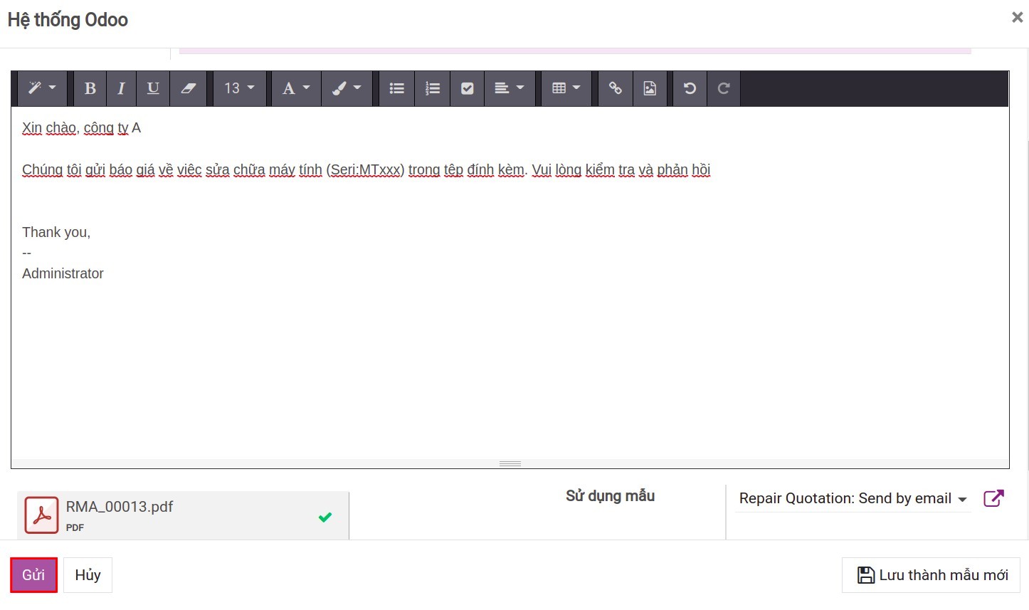 Soạn mail gửi báo giá cho khách hàng