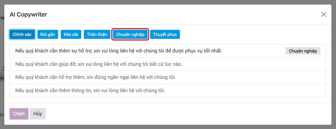 Cửa sổ AI Copywriter với các phương án và nút phong cách