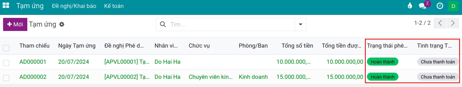 Tìm phiếu đề nghị để thanh toán