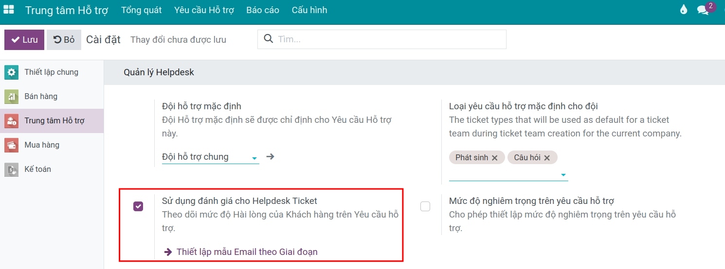 Kích hoạt tính năng đánh giá yêu cầu hỗ trợ