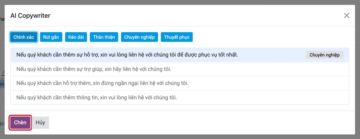 Phương án được chọn và nút Chèn trong cửa sổ AI Copywriter