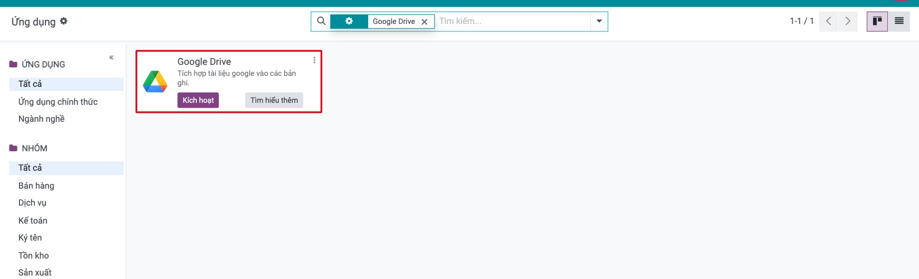Ứng dụng Google Drive trong danh sách Ứng dụng với nút Cài đặt