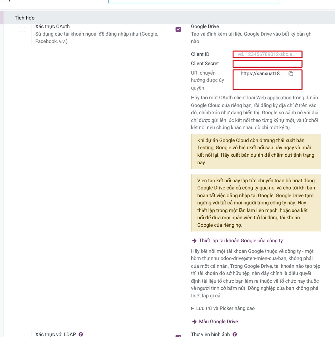 Mục Google Drive trong Thiết lập chung với Client ID và Client Secret