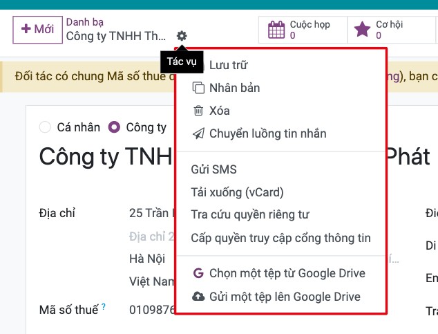 Menu bánh răng của liên hệ với các tác vụ Google Drive: chọn tệp và gửi tệp