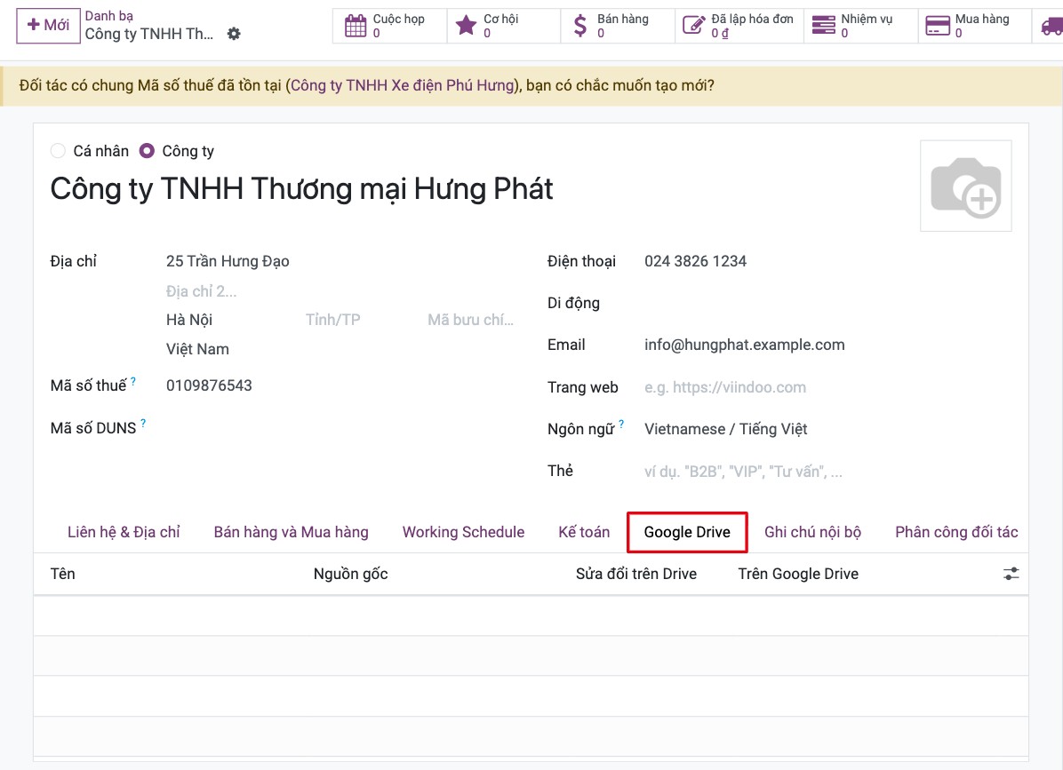 Tab Google Drive của liên hệ, nơi liệt kê các tài liệu đã tạo