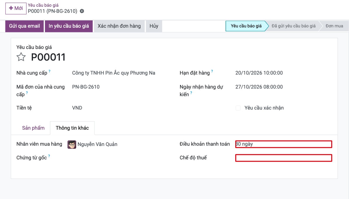 Tab Thông tin khác của yêu cầu báo giá với Nhân viên mua hàng, Điều khoản thanh toán và Chế độ thuế