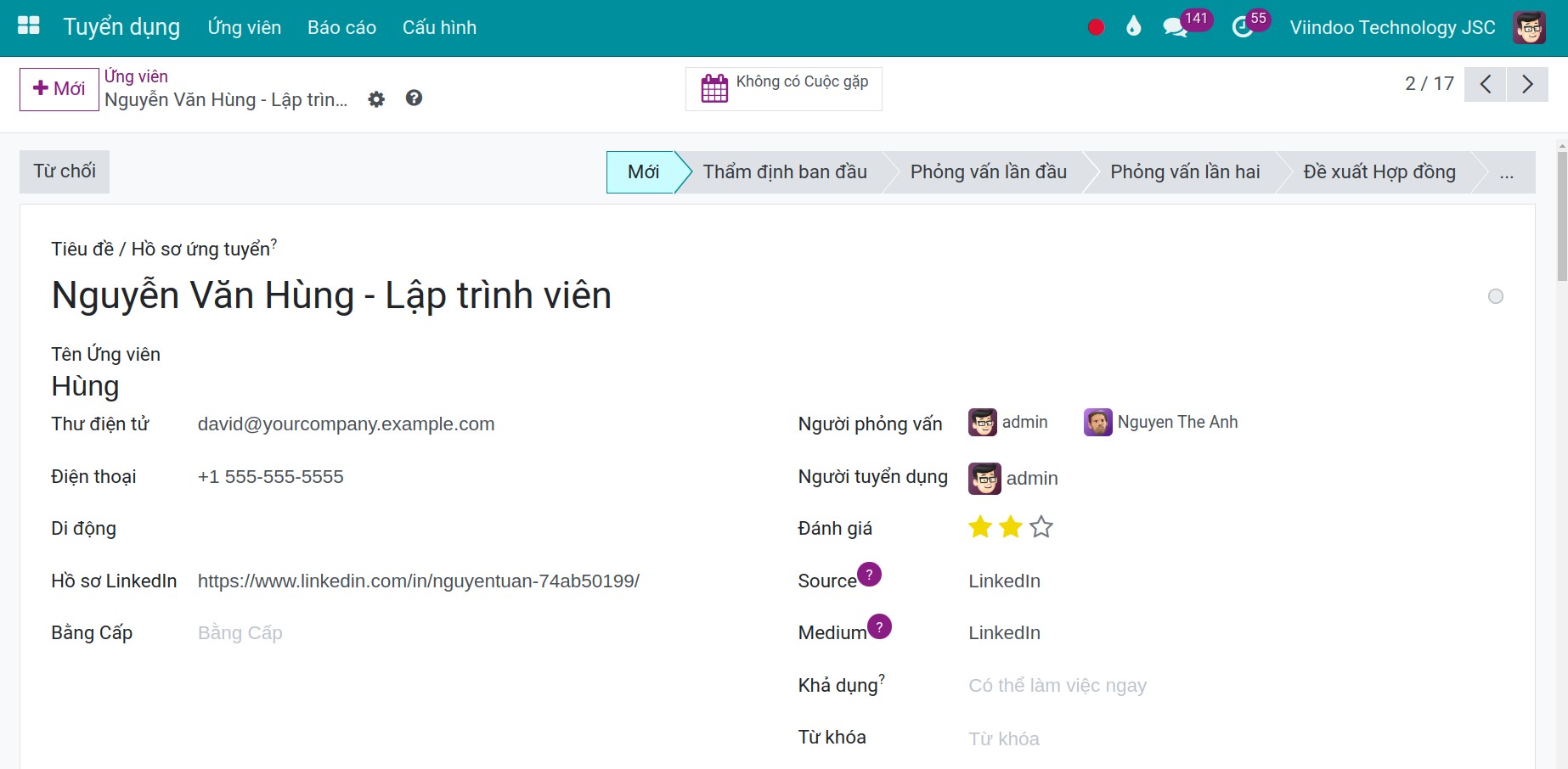 Giao diện tạo ứng viên