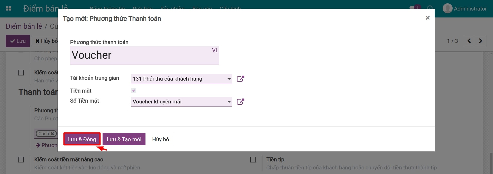 Nút lưu và đóng Phương thức thanh toán