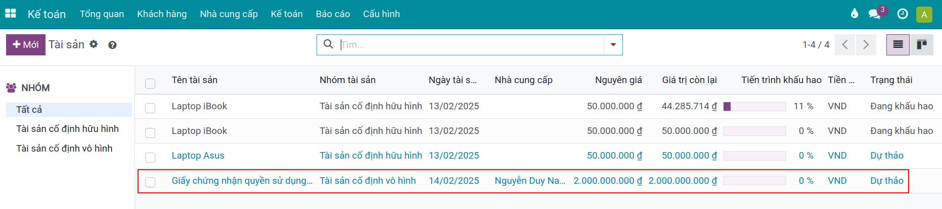 Danh sách toàn bộ Tài sản được theo dõi trên Viindoo