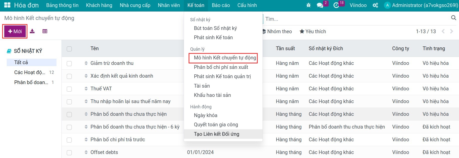 Mô hình kết chuyển tự động - Kế toán Viindoo