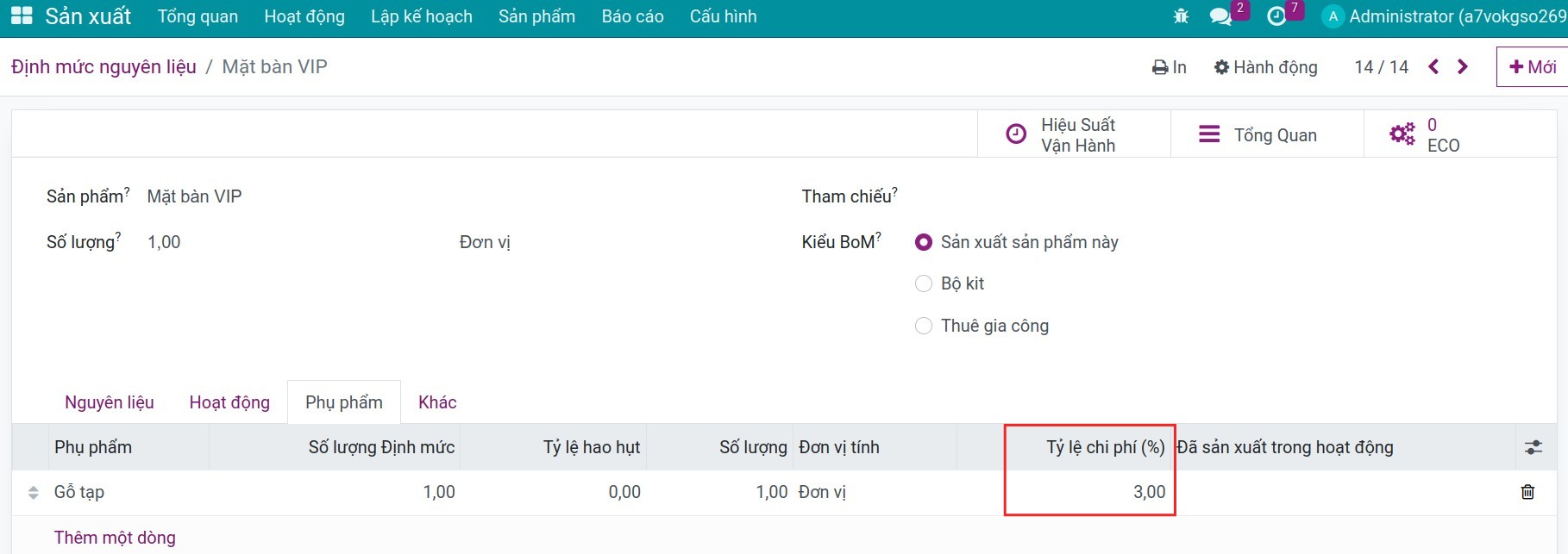 Chi phí chia sẻ của phụ phẩm trên định mức BoM