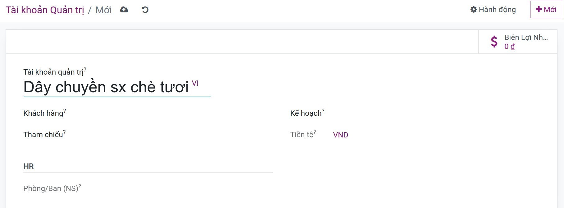 Tạo tài khoản kế toán quản trị Viindoo