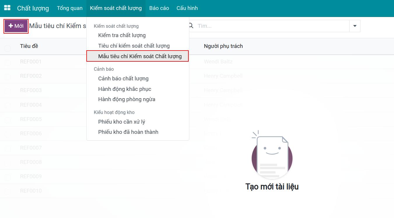Thông tin mẫu tiêu chí kiểm soát chất lượng Viindoo