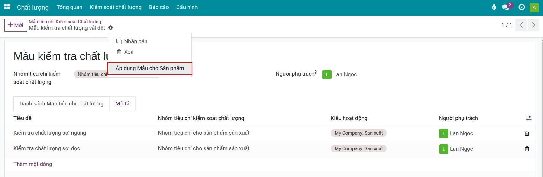 Áp dụng mẫu cho sản phẩm
