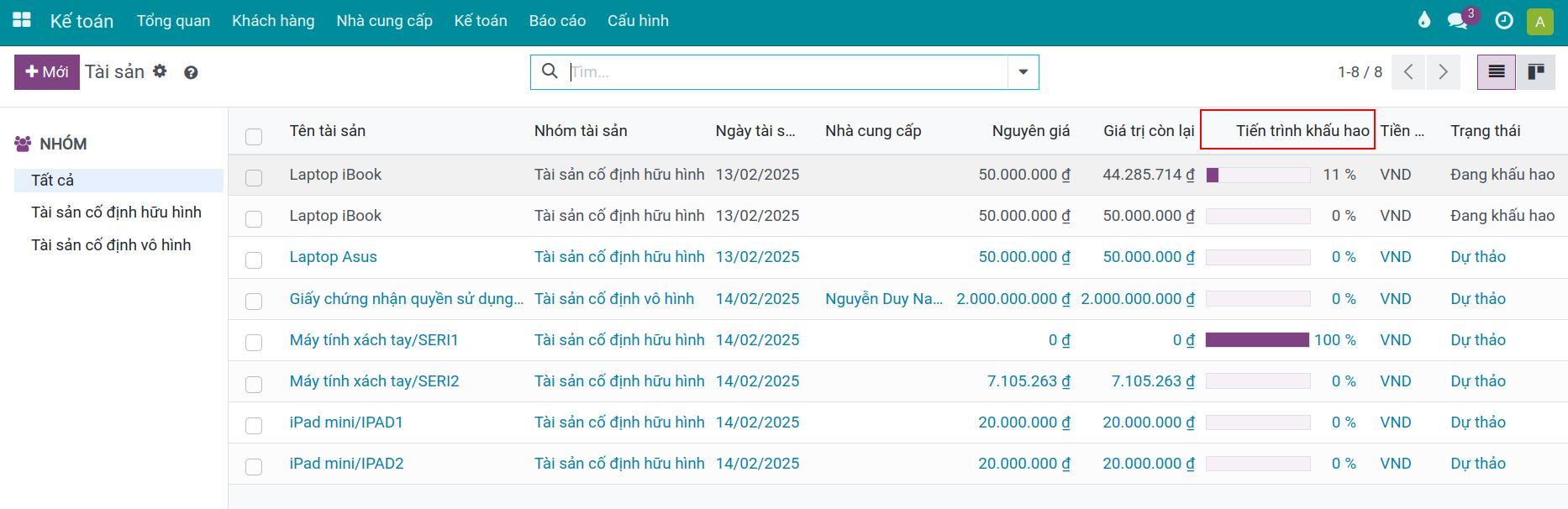 Danh sách Tài sản trên Viindoo