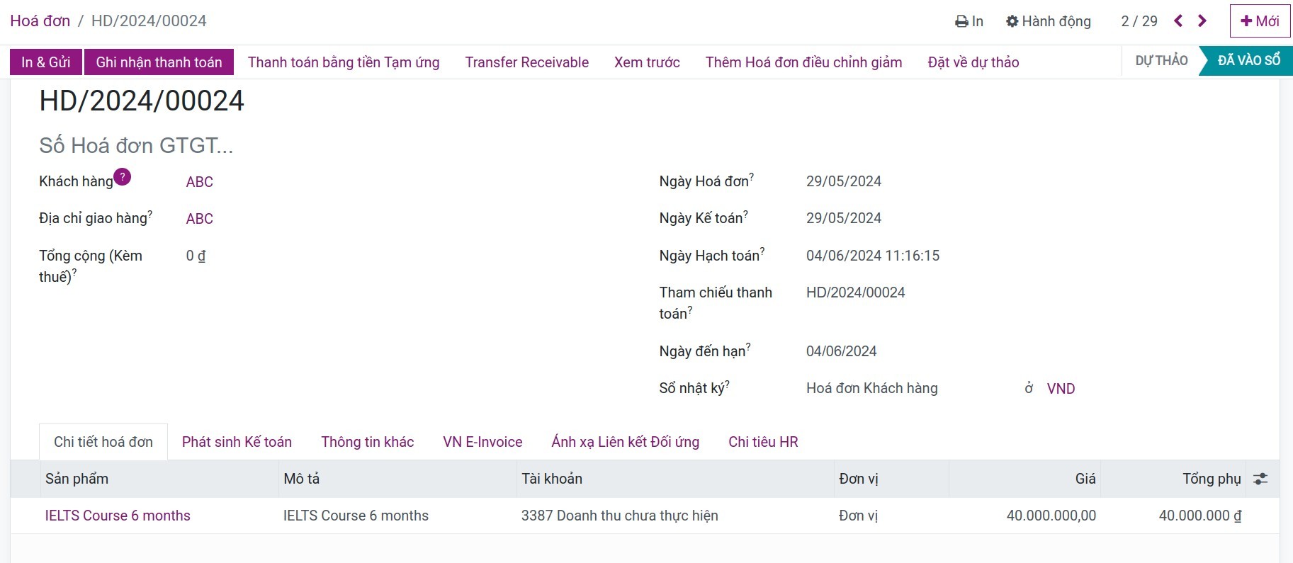 Ghi nhận hóa đơn doanh thu chưa thực hiện