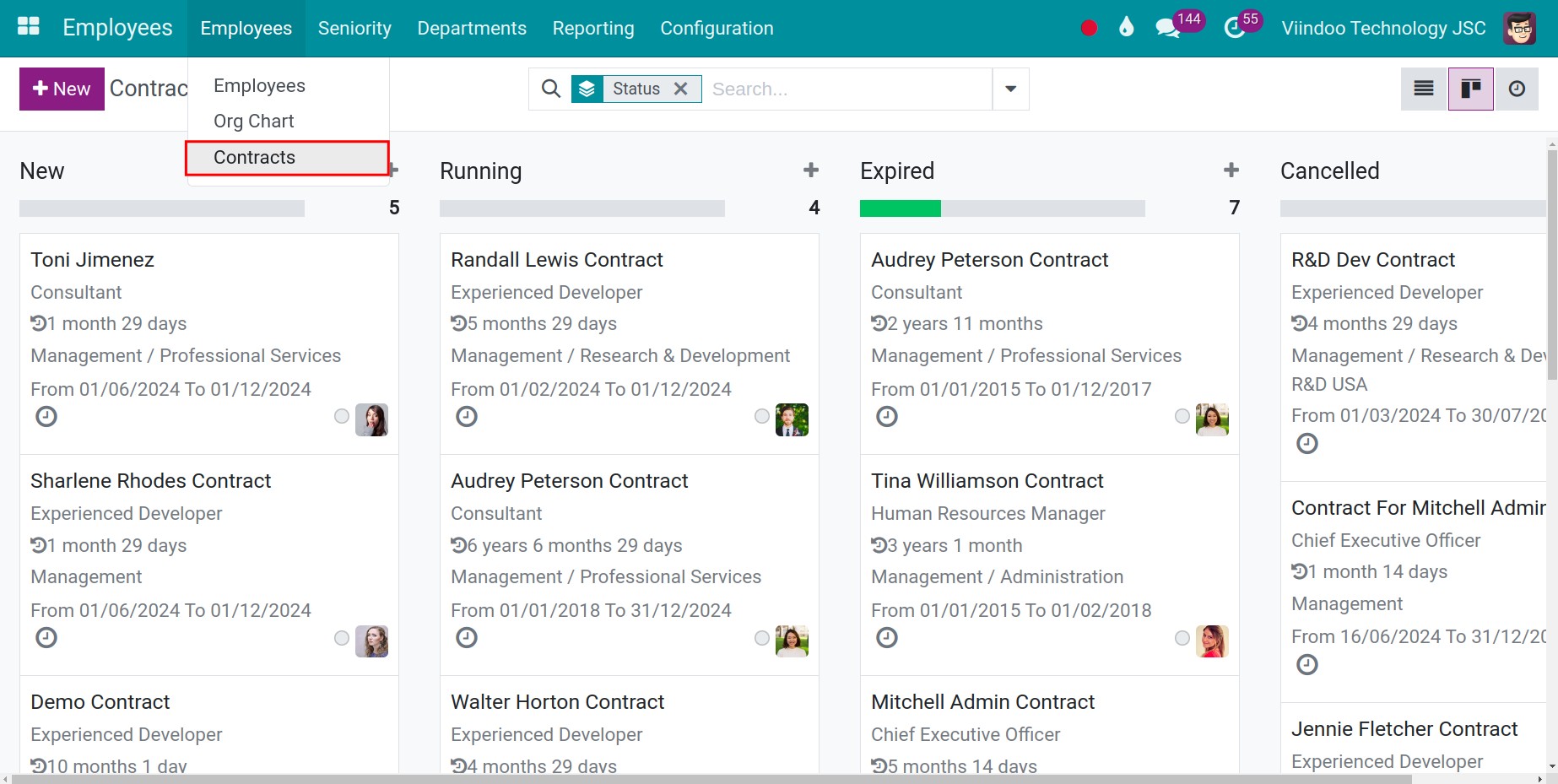 List of employee's contract in Viindoo Software