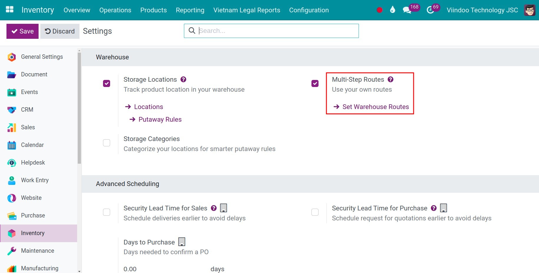 Multi-step Routes configuration Inventory Viindoo