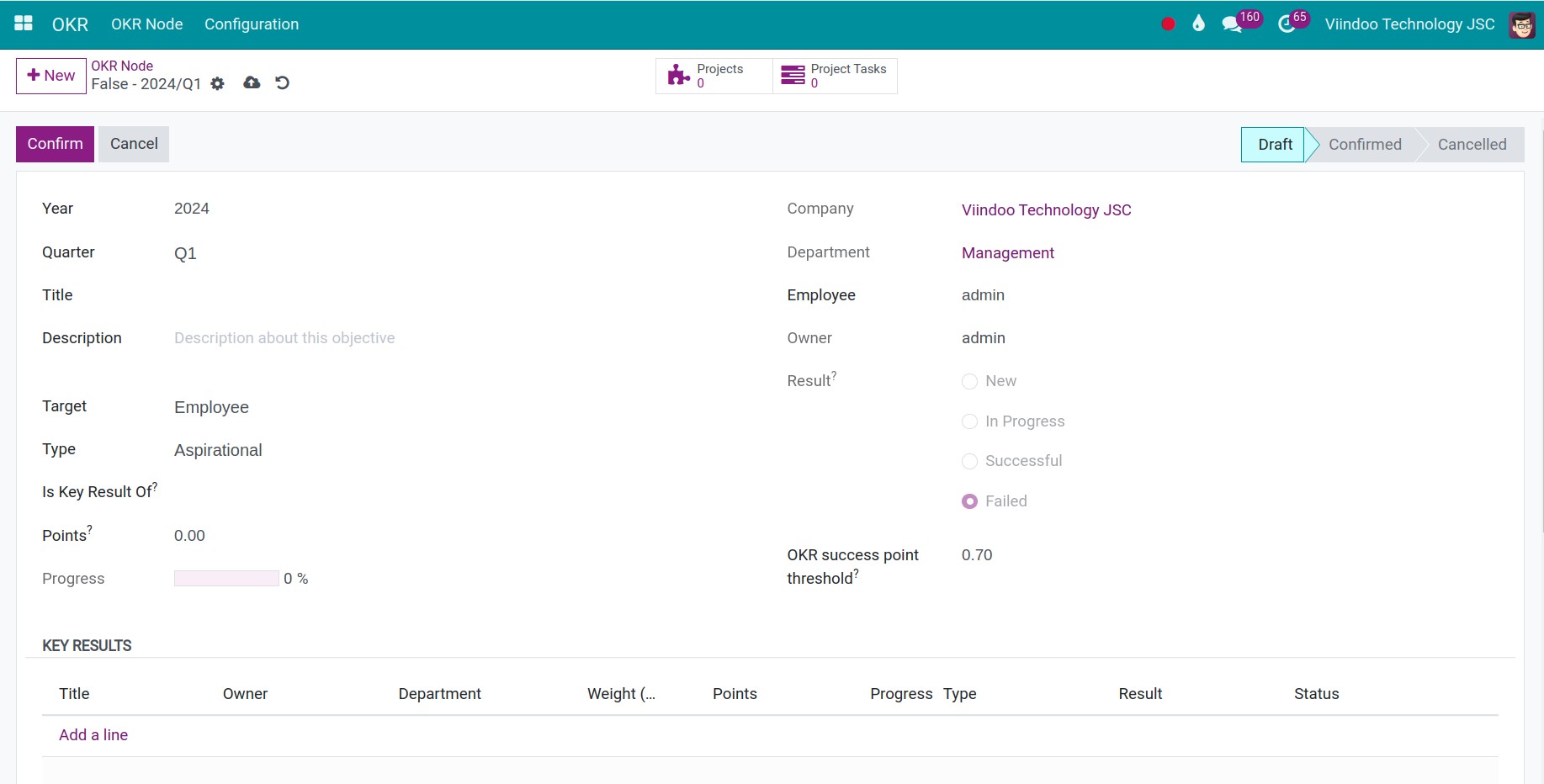 OKR node interface in Viindoo