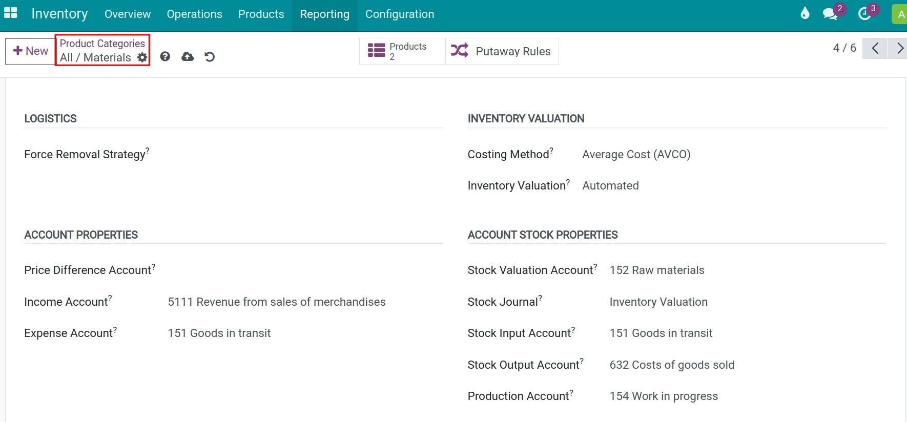 Configure the accounting account for the raw material products category