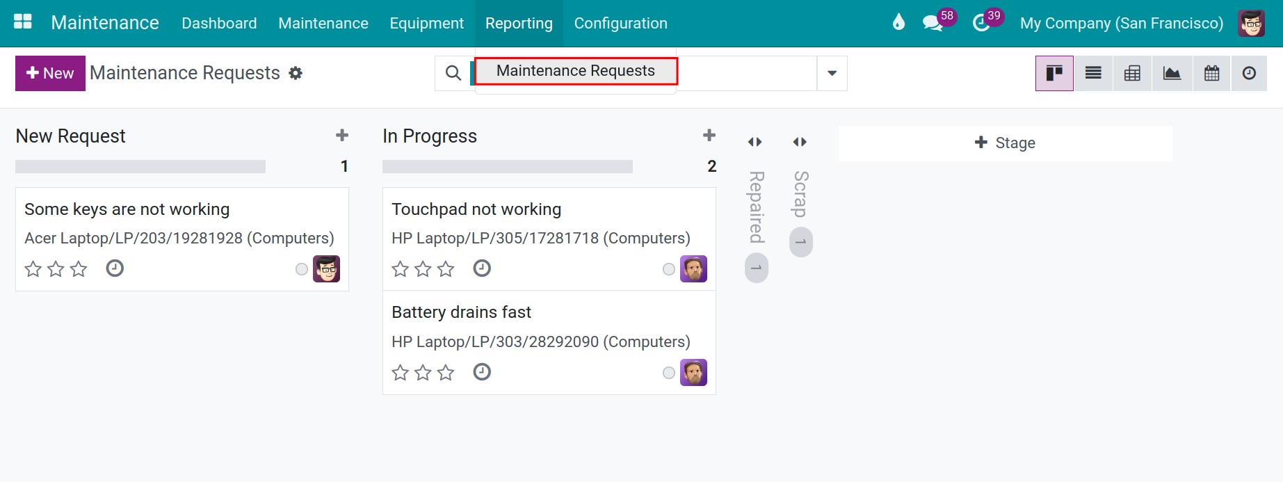 View maintenance report in Viindoo