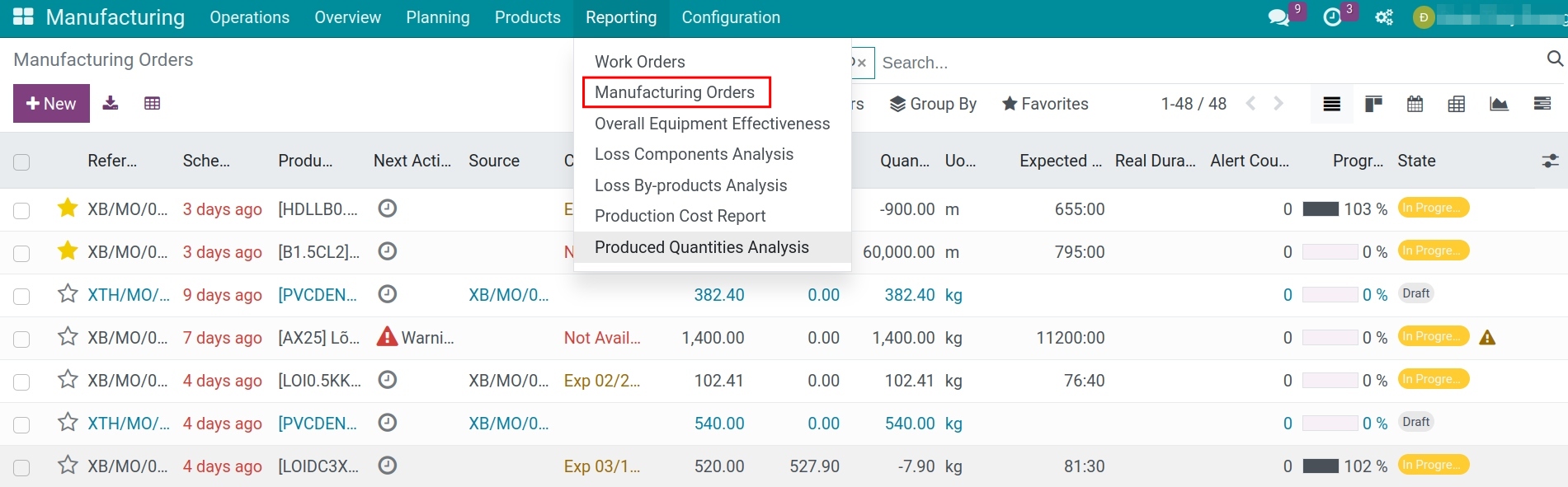 Enter manufacturing report