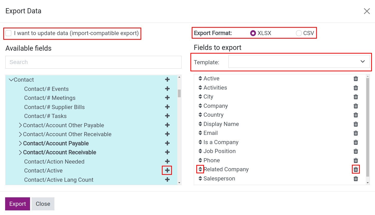 Window of exporting data on Viindoo Software