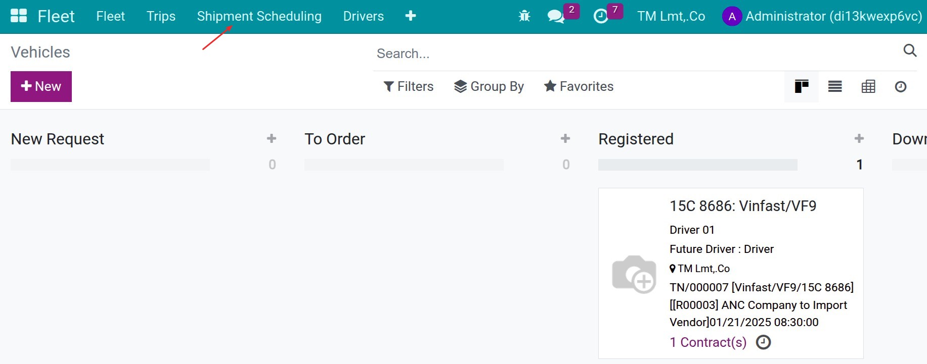 Shipment scheduling menu