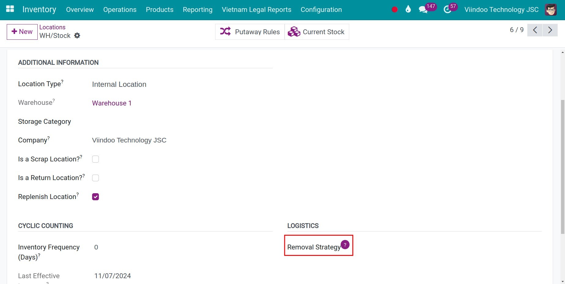 Configure the removal strategy for the warehouse location