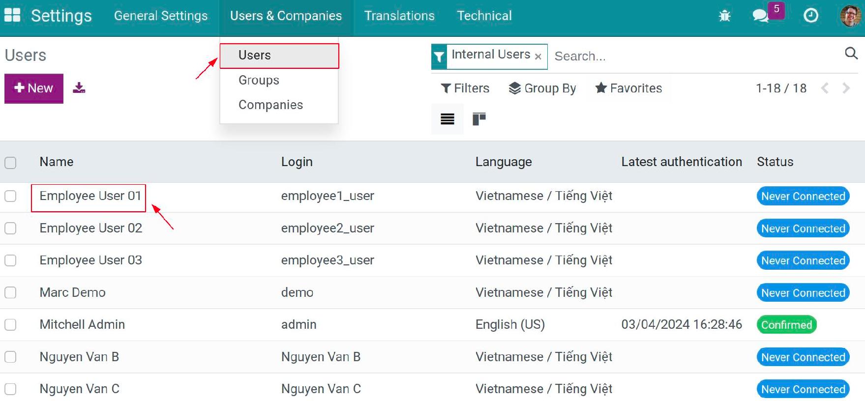 Select an user to give access right in Viindoo