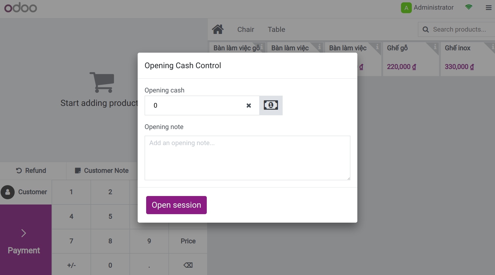 Opening cash - Viindoo PoS