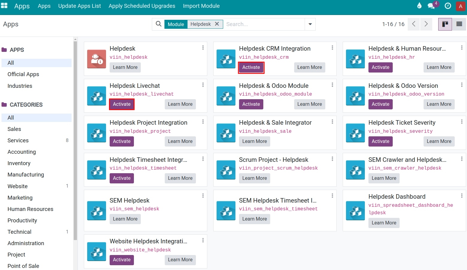 List of integrated apps Helpdesk Viindoo