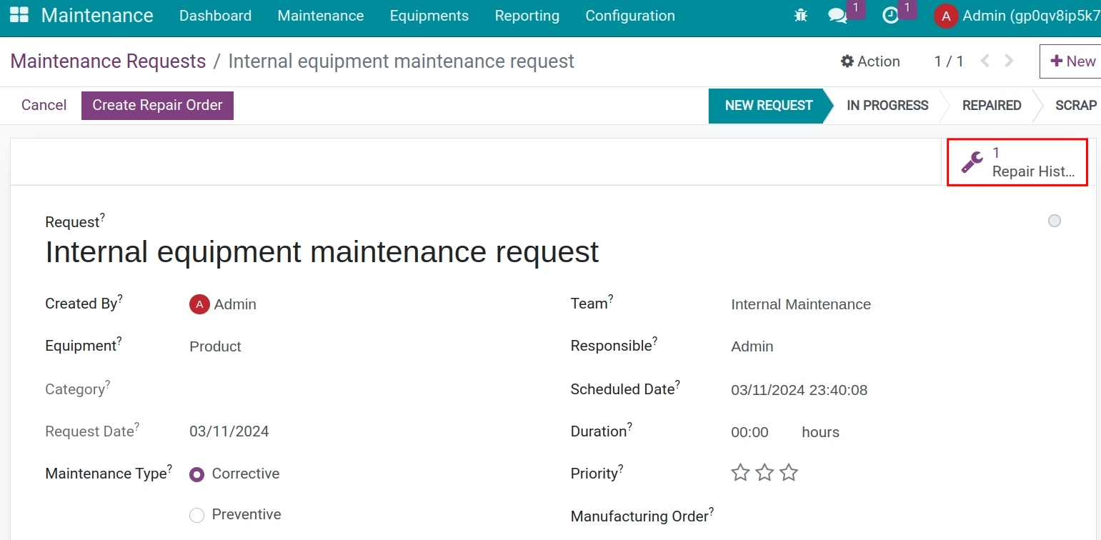 Click on the Repair History button