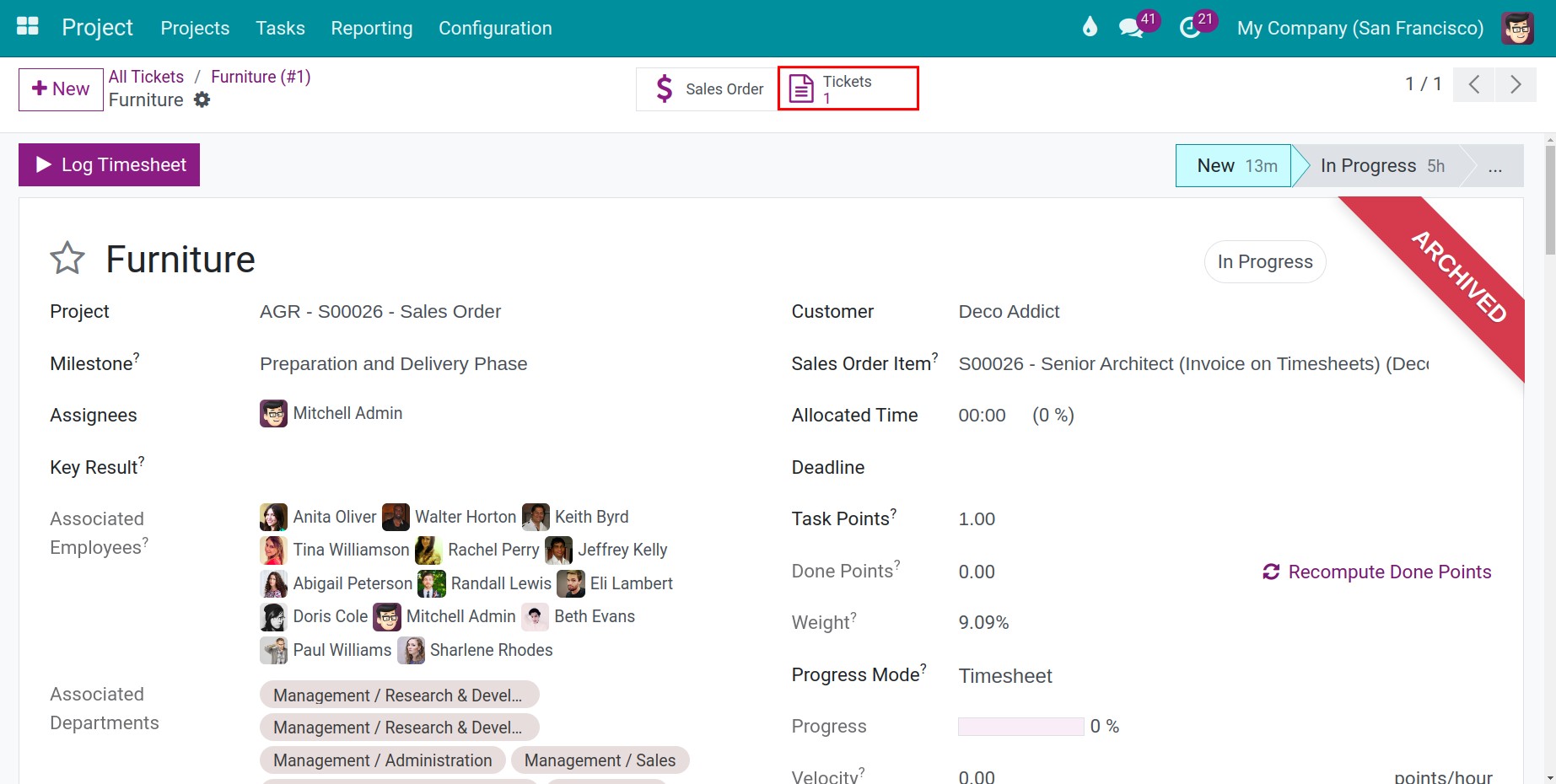 Task interface after converting into a ticket